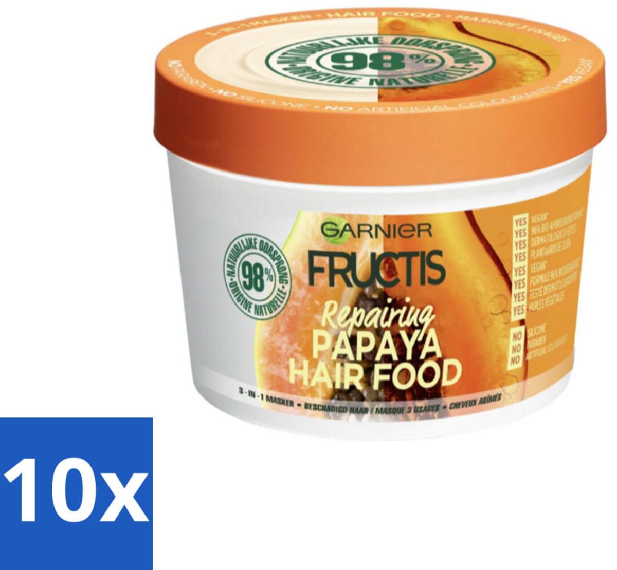 10 x Garnier - Fructis Hair Food Papaya - 3-in-1 Haarmasker - Beschadigd Haar - 400 ml - Haarherstel - Beschadigd Haar - Haarmasker - Papaya-extract - Kokosolie