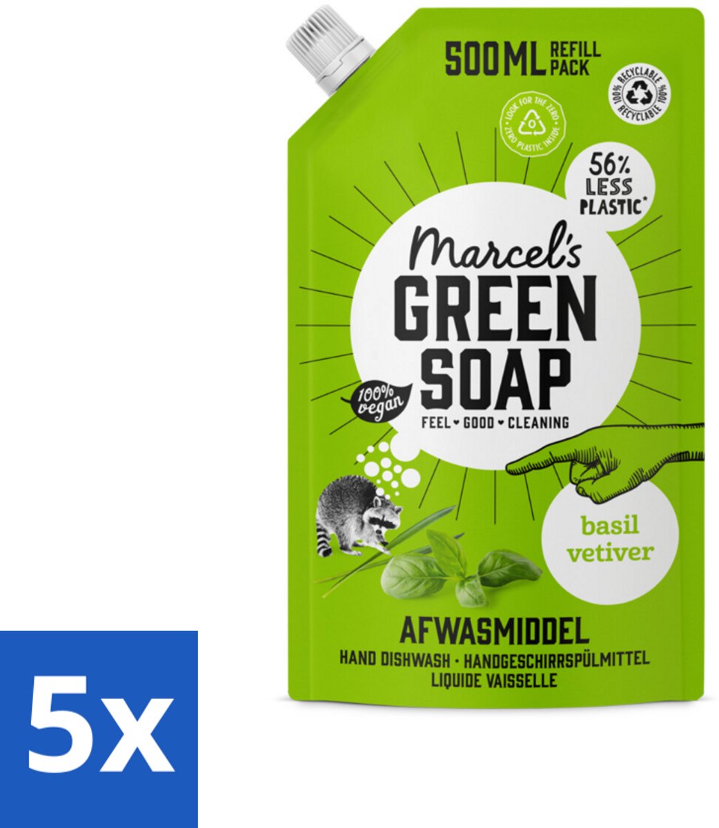 5 x Marcel's Green Soap - Navulling - Afwasmiddel - Basilicum & Vetiver Gras - Plantaardig & duurzaam - 500 ml - Afwasmiddel Basilicum Vetiver - Navulverpakking Afwasmiddel - Plantaardig Afwasmiddel - Duurzaam Afwasmiddel - Afwasmiddel Refill