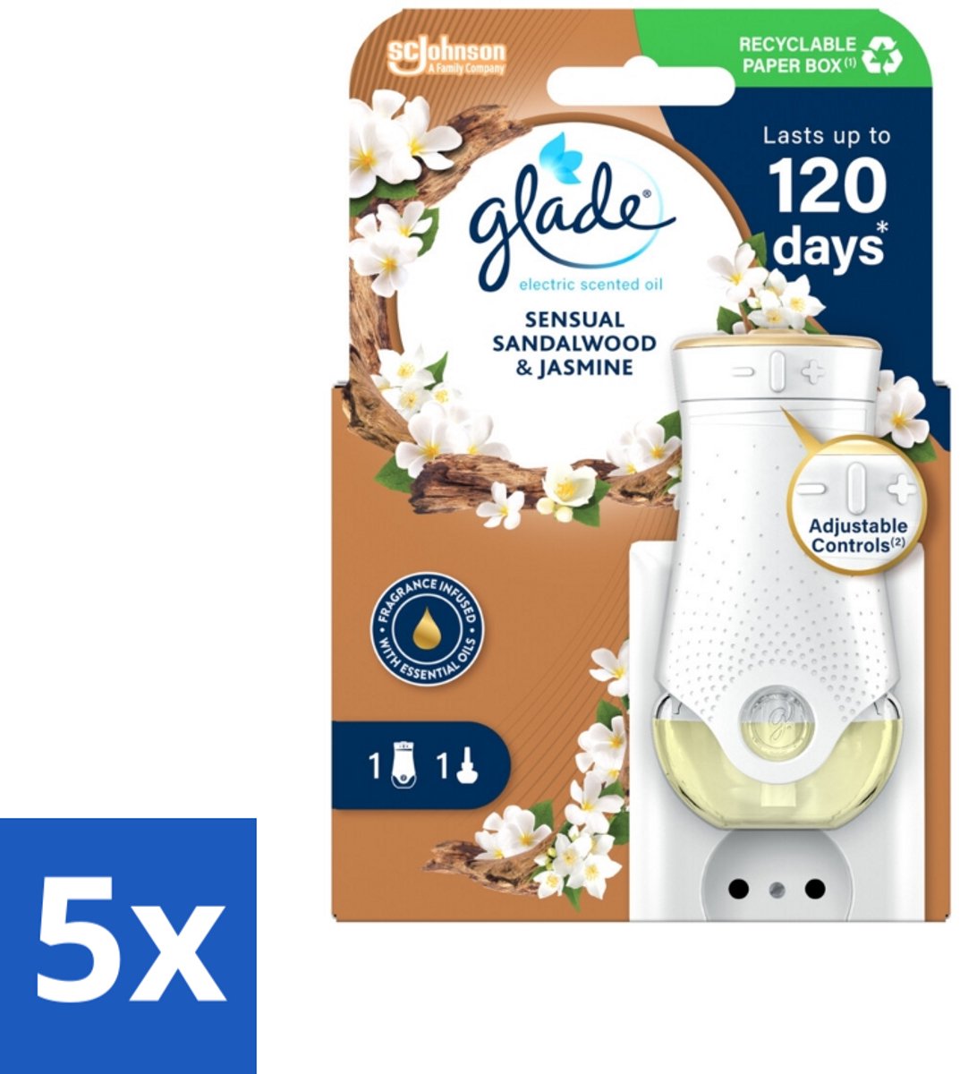 5 x Glade - Houder Elektrische Olie - Sensual Sandelhout Jasmijn - Elektrische Geurhouder - Geurhoudende Olie - Geurverspreider - Sandelhout Jasmijn - Warme Geur
