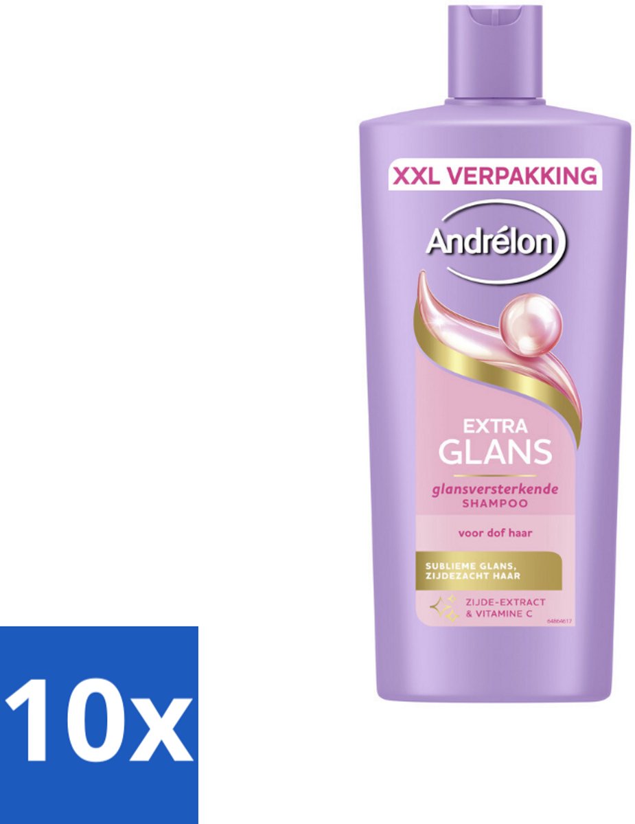 10 x Andrélon – Shampoo – Extra Glans – 685 ml - Extra Glans Shampoo - Dof Haar - Zijde-extract - Vitamine C - Haarverzorging