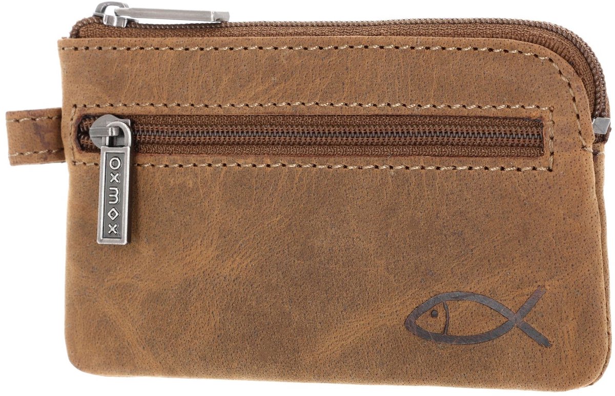 oxmox Leren sleutelgeval Leather Keyholder Freedom Fish Embossed Vintage Light Brown bruine