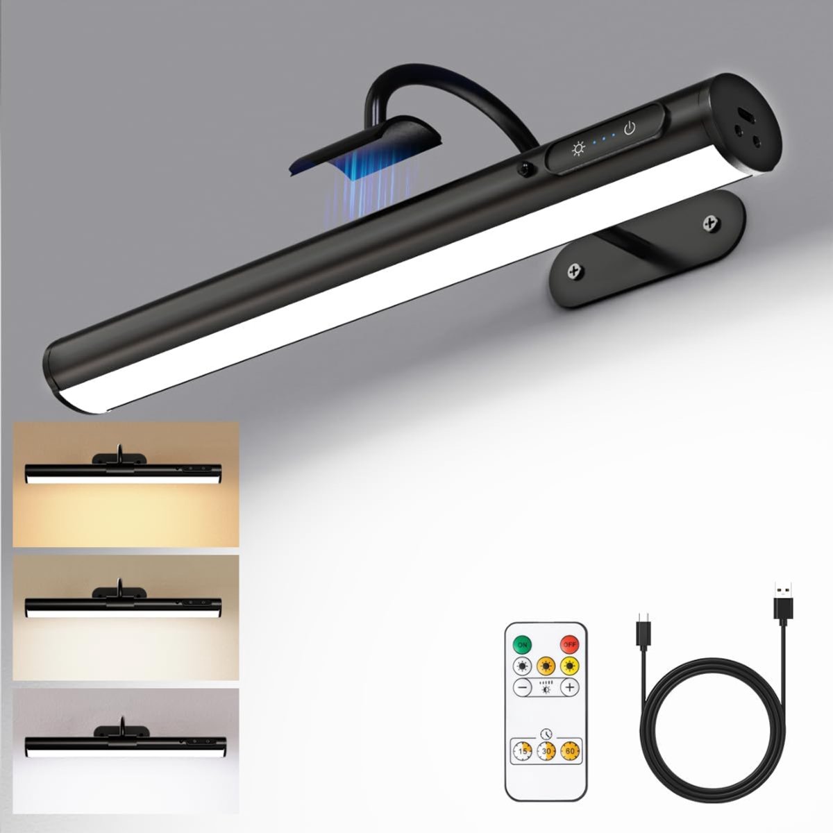 ZRNS® Draadloze Schilderijlamp - Wandlamp Oplaadbaar - Met Batterij en Afstandsbediening - Dimbaar - 3 Kleurtemperaturen - Zwart
