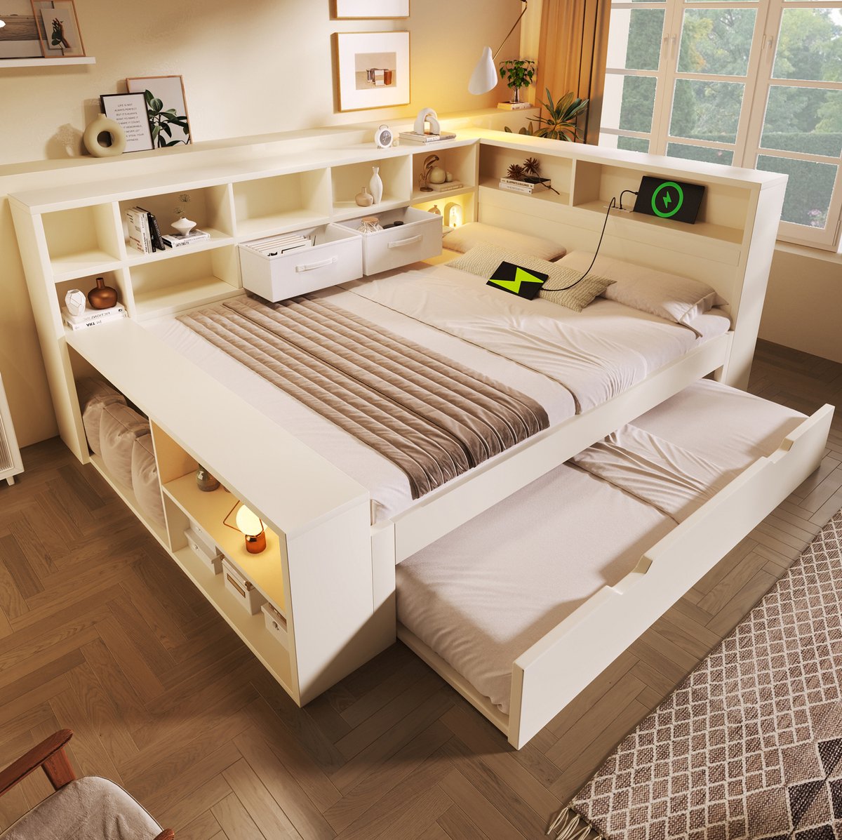MODENUIT Bedframe 140x200 cm - Met Opbergruimte, Uitrolbed En Laadpoorten - Voor Kinderkamer - Hout - Wit