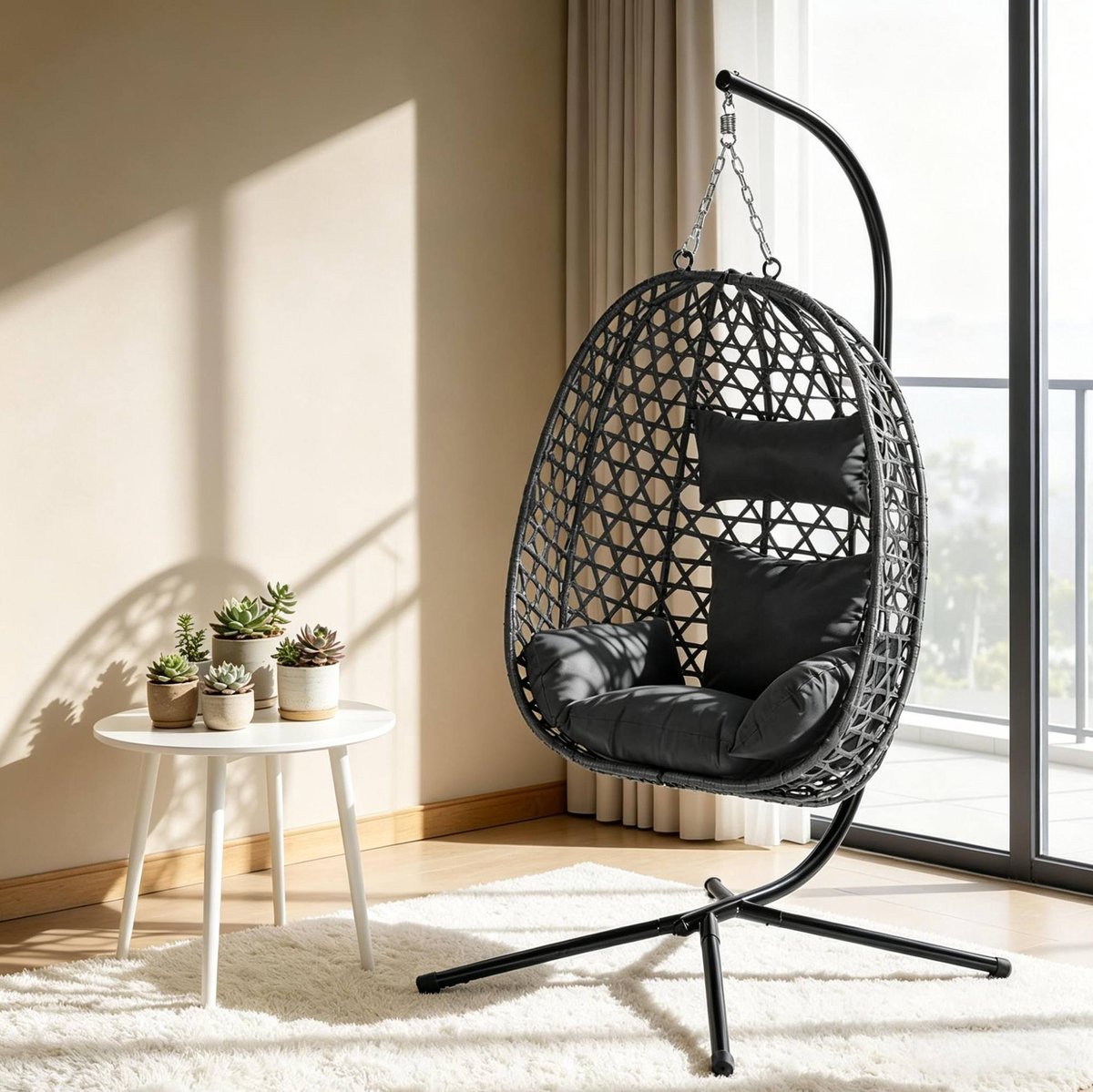 Wishdor Hangstoel met standaard - Verstelbare hoogte - 360° schommelend - Modern design - Voor volwassenen - Metaal en rotan - Antraciet - 105 x 105 x 195 cm