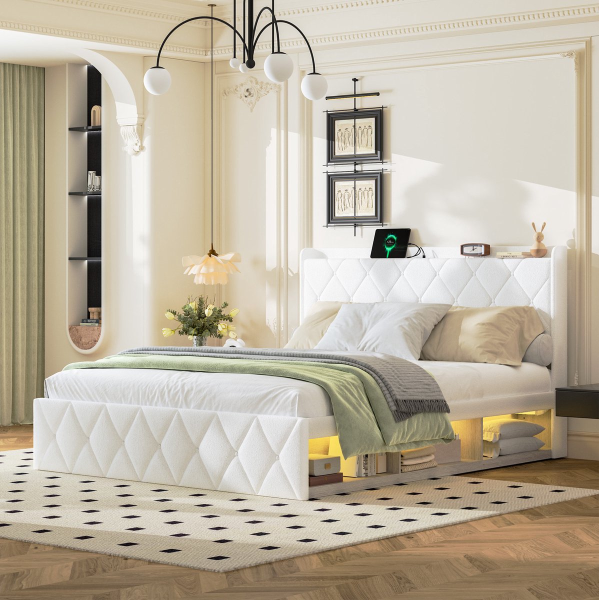 Wishdor Tweepersoonsbed 160x200 cm - Gestoffeerd bed met usb-oplaadfunctie, ledverlichting, opbergruimte en lattenbodem - Wit teddy - Voor volwassenen