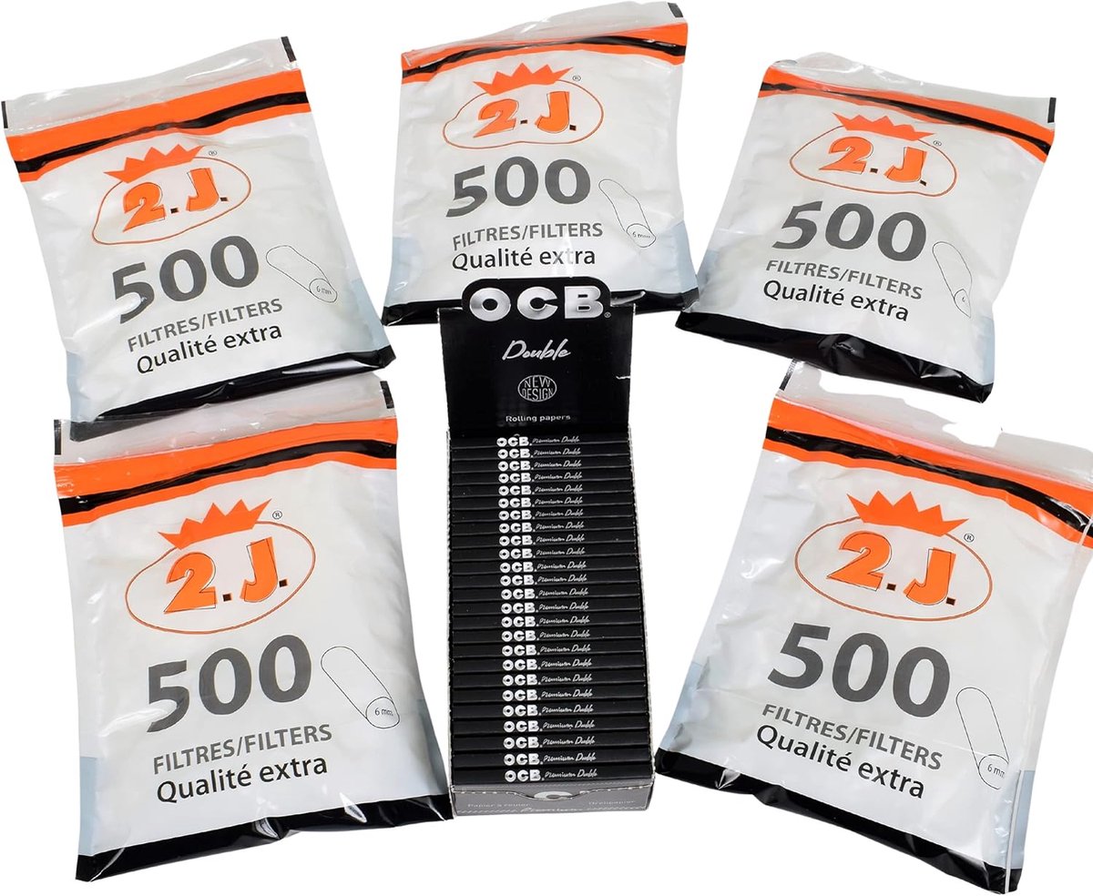 2J OCB Pack of 25 Books of 100 Rolling Sheets, OCB Premium 2500 Sheets + 5 Bags of 500 Filters, 2500 Cigarette Filters - ShopVlot