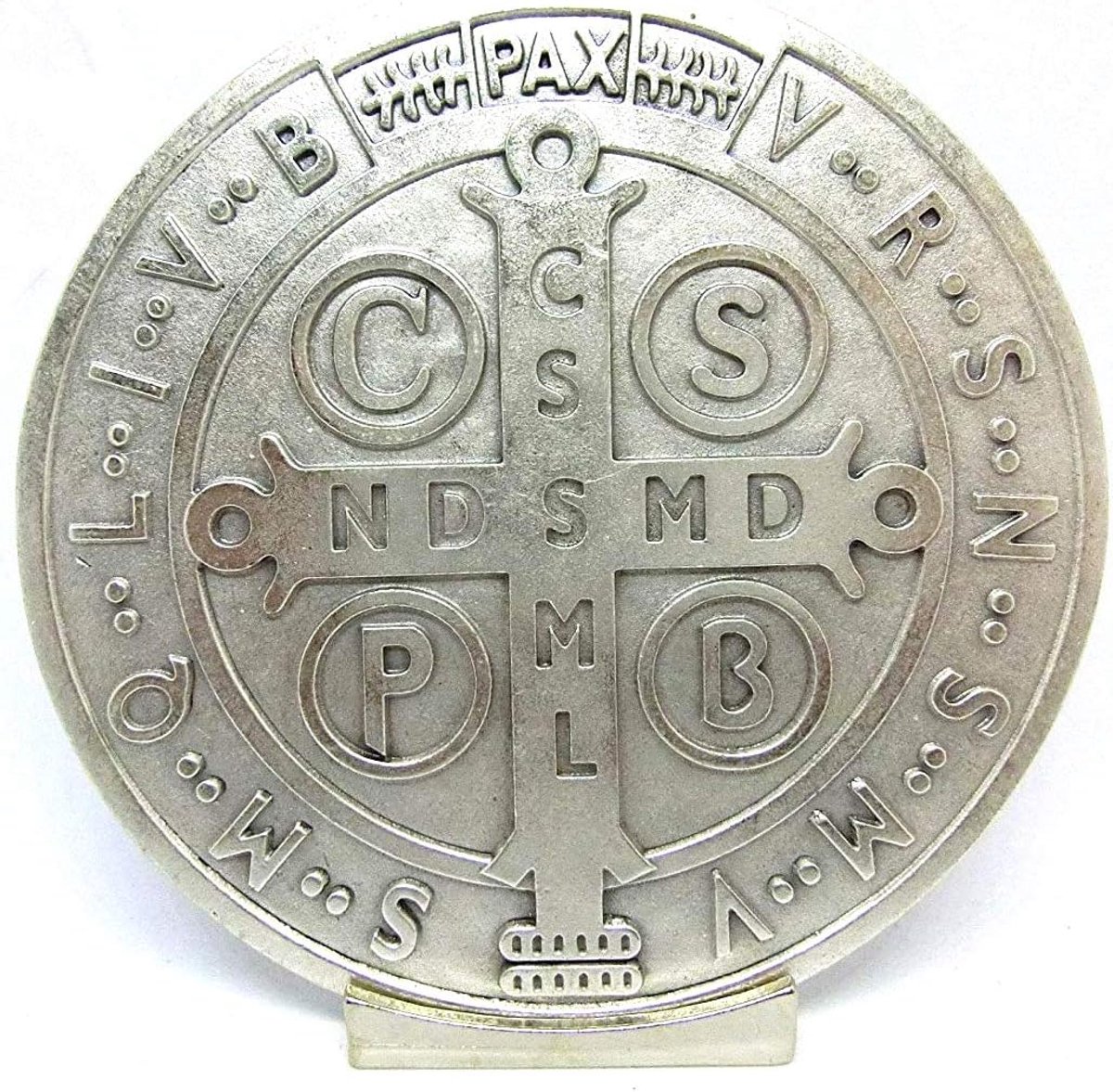 69.080.30 Base Medal Saint Benedict Size 10 cm silver with Display Base Exorcist Exorcism - ShopVlot