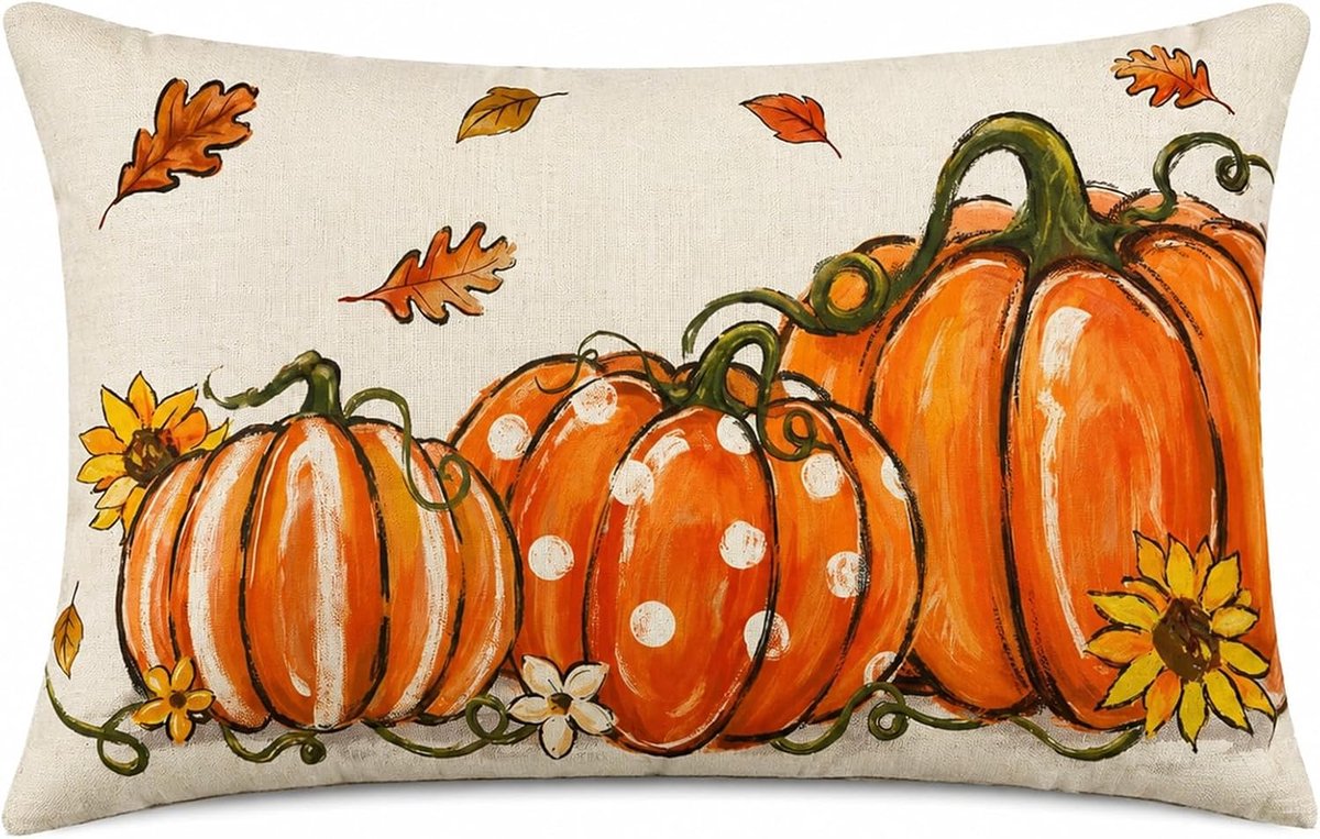 Polka Dot Oranje Pompoenen Esdoornbladeren Herfst Kussenhoes, Kussenhoes Bank Woonkamer Decoratie - ShopVlot