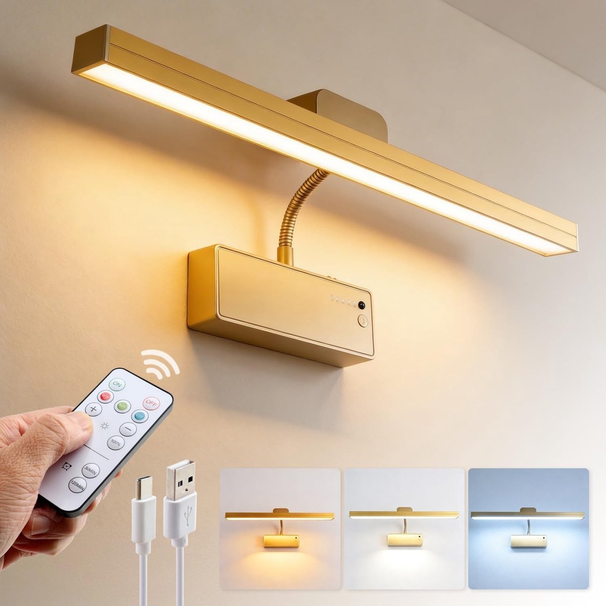 Schilderijlampje draadloos - Goud - Dimbare Wandlamp met 4000 mAh Accu - Voor Thuisgebruik