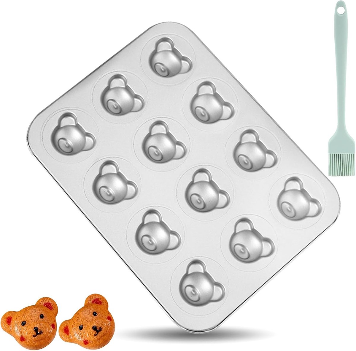 Cute Bear Madeleines Baking Mold with Silicone Oil Brush, Non-Stick Carbon Steel Baking Tray, Easy to Demould, Baking - ShopVlot