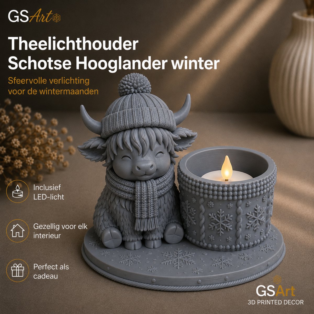 GSArt Theelichthouder Schotse Hooglander Winter – inclusief LED-kaarsje - Mat Asgrijs