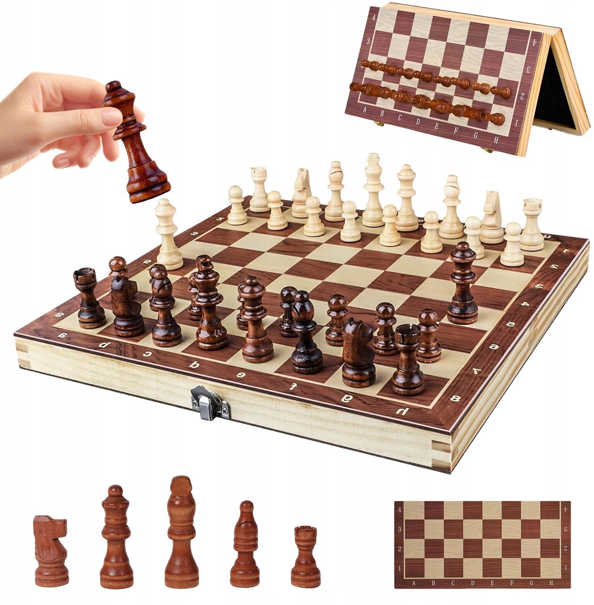 Houten Schaakspel 29 cm Magnetisch Opvouwbaar met Opbergdoos