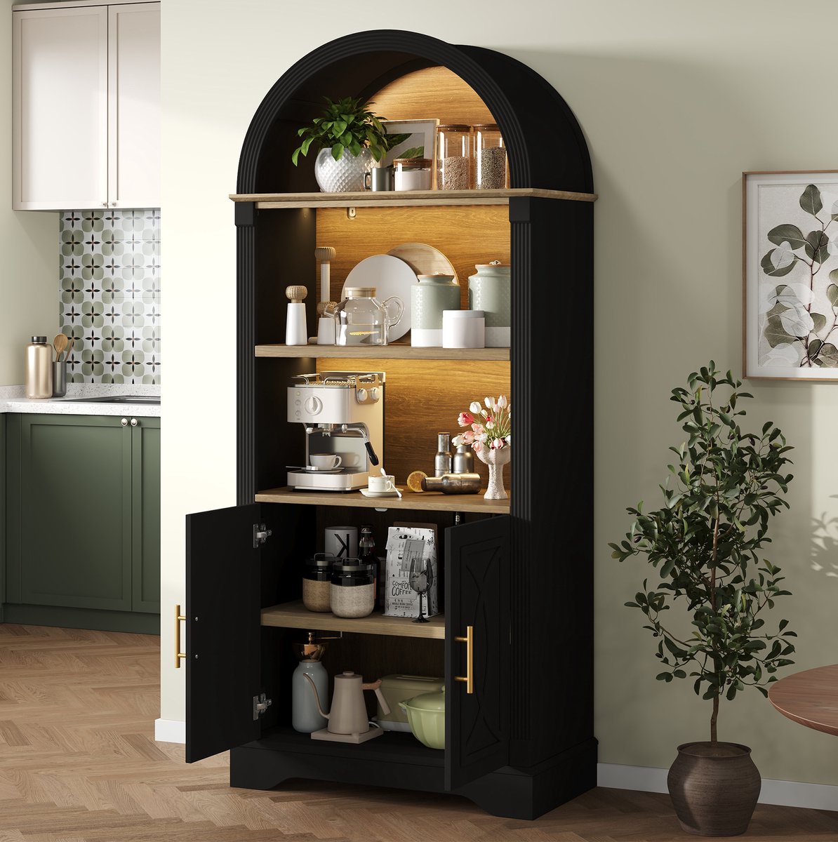 MIVRAY Keukenkast - Hoog Highboard Met Verstelbare Plank En Led Verlichting - Voor Woonkamer Keuken En Eetkamer - Zwart - 76,2 Cm