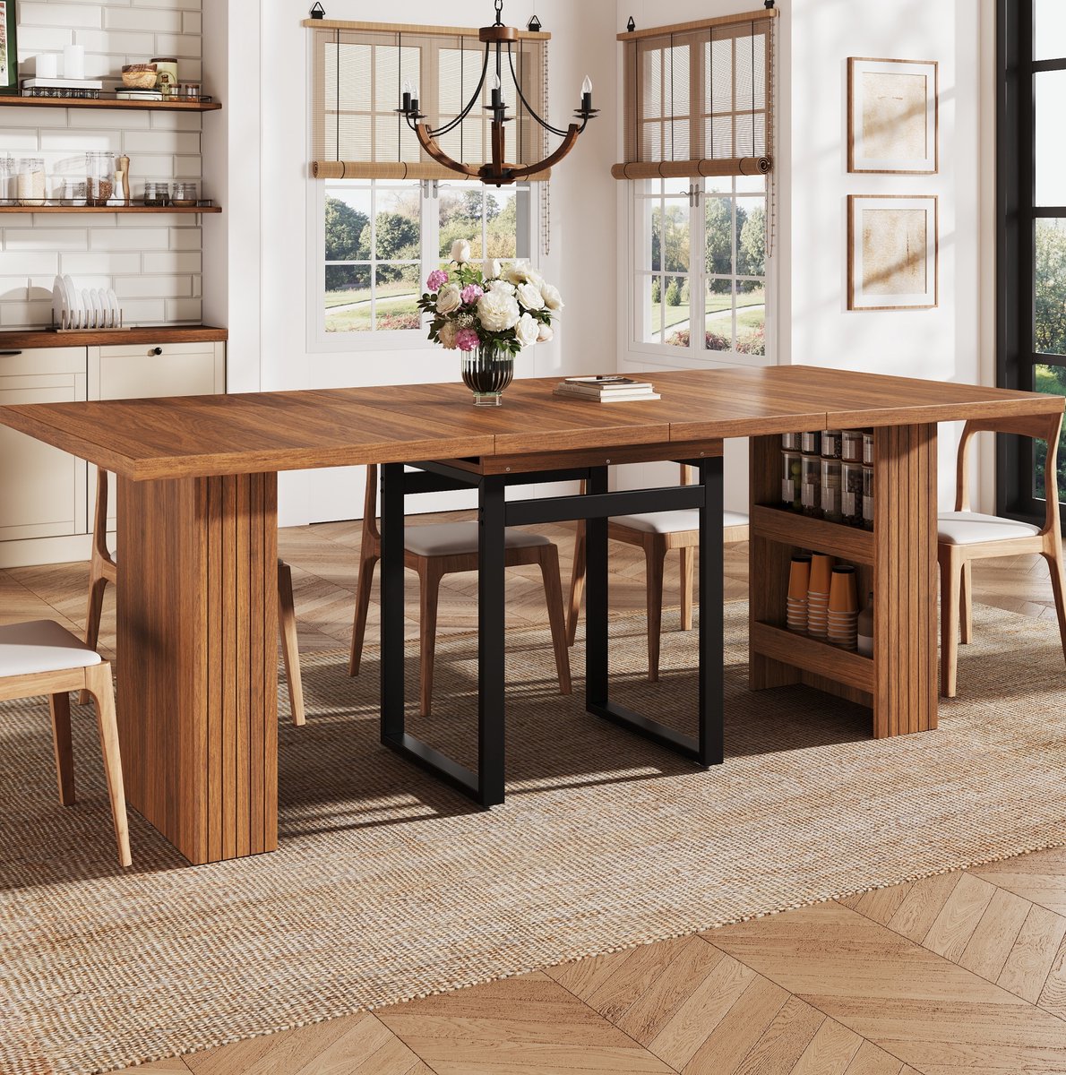 MIVRAY Eettafel Met Uitschuifbaar Blad En Verborgen Opbergruimte Voor Woonkamer En Keuken MDF Metaal Donkerbruin 200x80x78 Cm