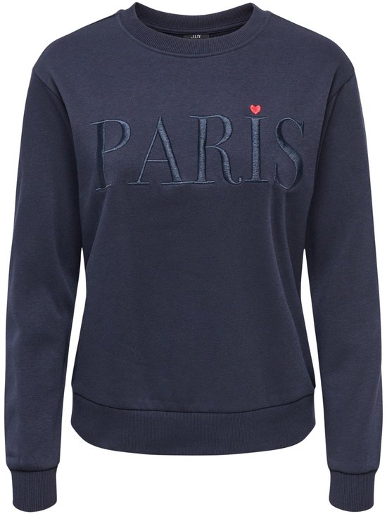 Donkerblauwe sweater met 'PARIS' opdruk in reliëf en een rood hartje.