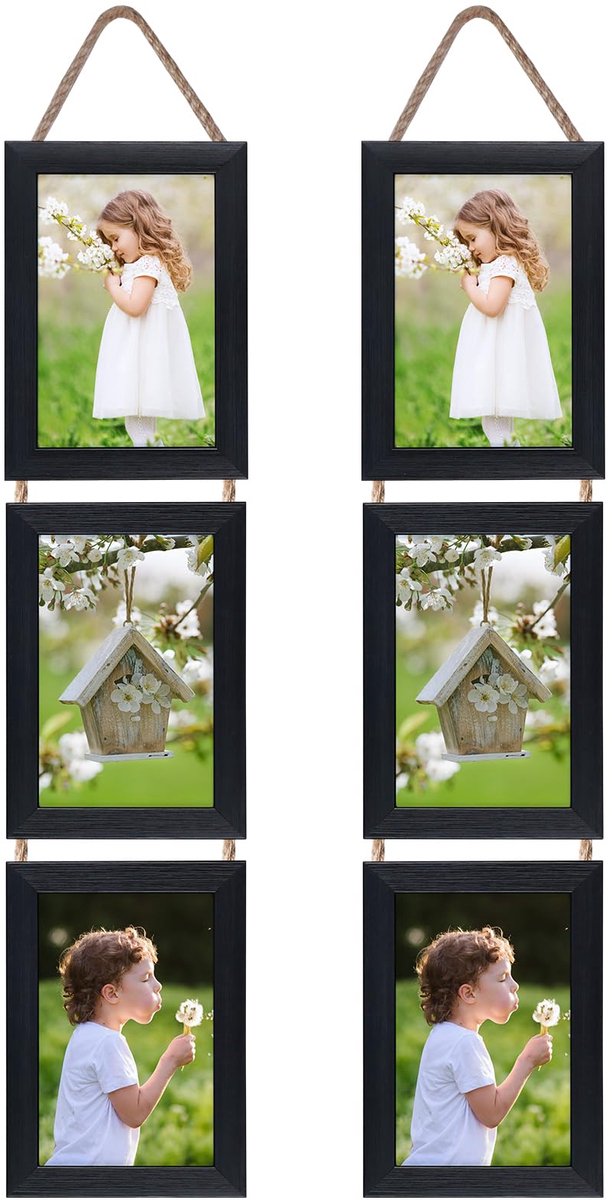 Famanu Zwarte fotolijsten van 10x15 cm, triple collage hangend set met 6 verticale moderne lijsten voor het tonen van foto's en ansichtkaarten