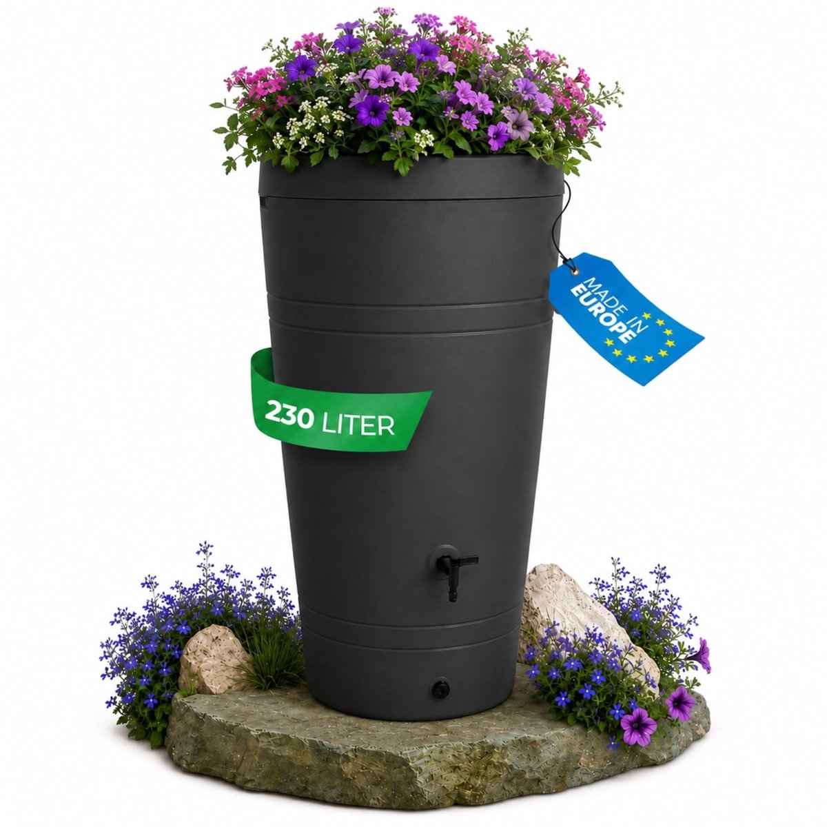 Famanu – Regenton van 230 liter, decoratief design, vorstbestendig kunststof met kraan, ideaal voor tuin en regenwateropvang, smalle regenton in antraciet