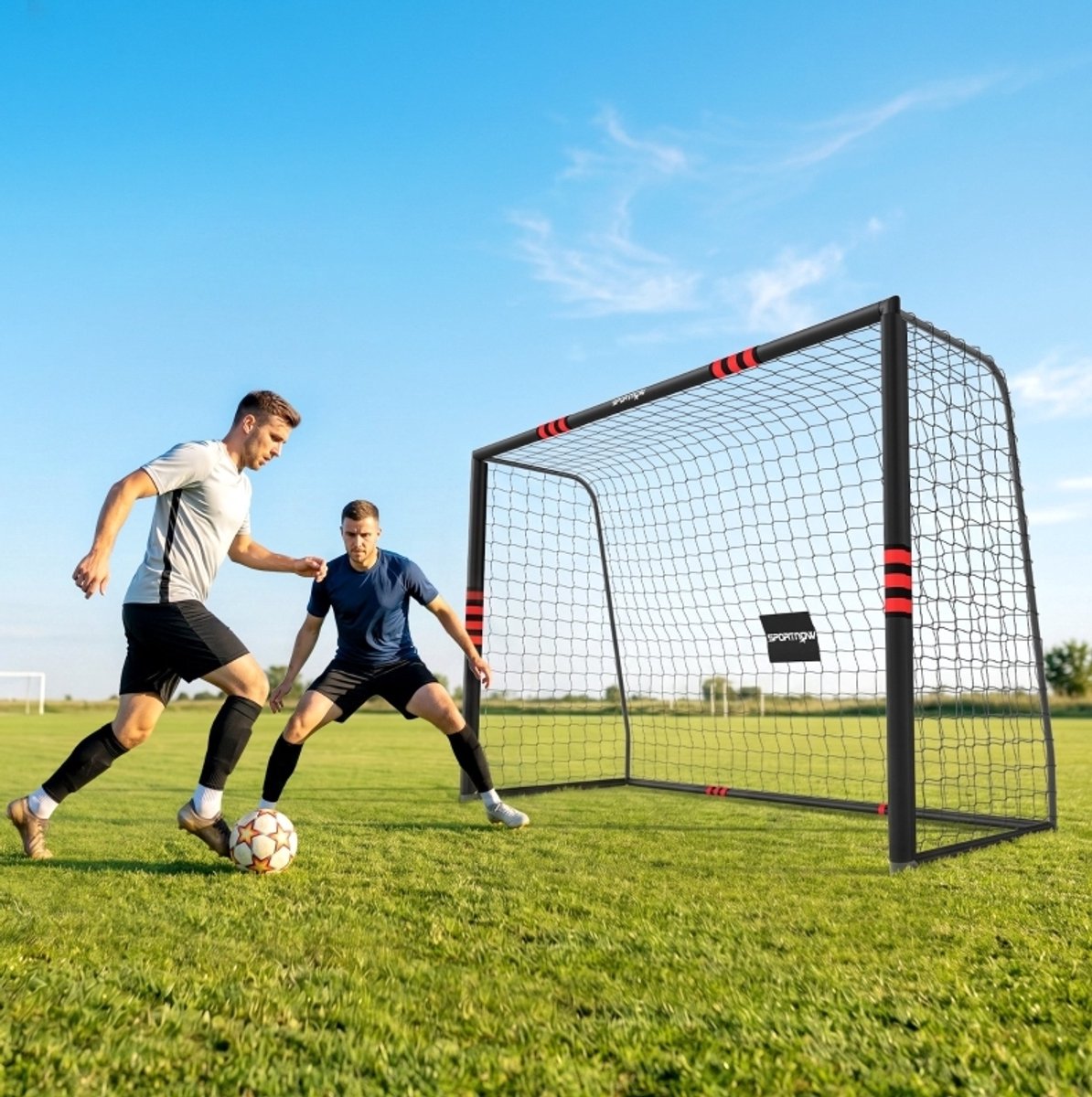 OKWISH Voetbaldoel 300 X 200 Cm Met Gevoerde Rand Metalen Frame Zwart Rood Voor Tuin En Buiten Training Mobiel Met Grondankers