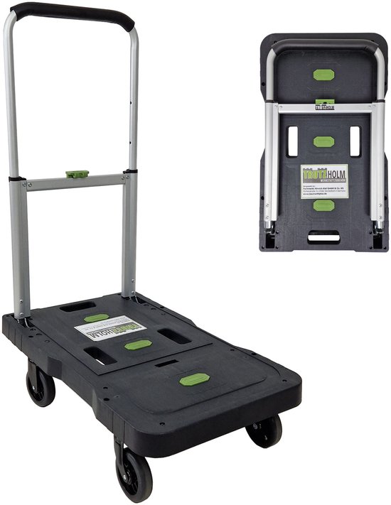 Zwarte inklapbare steekwagen met aluminium handvat en groene accenten. Inclusief uitgevouwen en ingeklapte weergave.