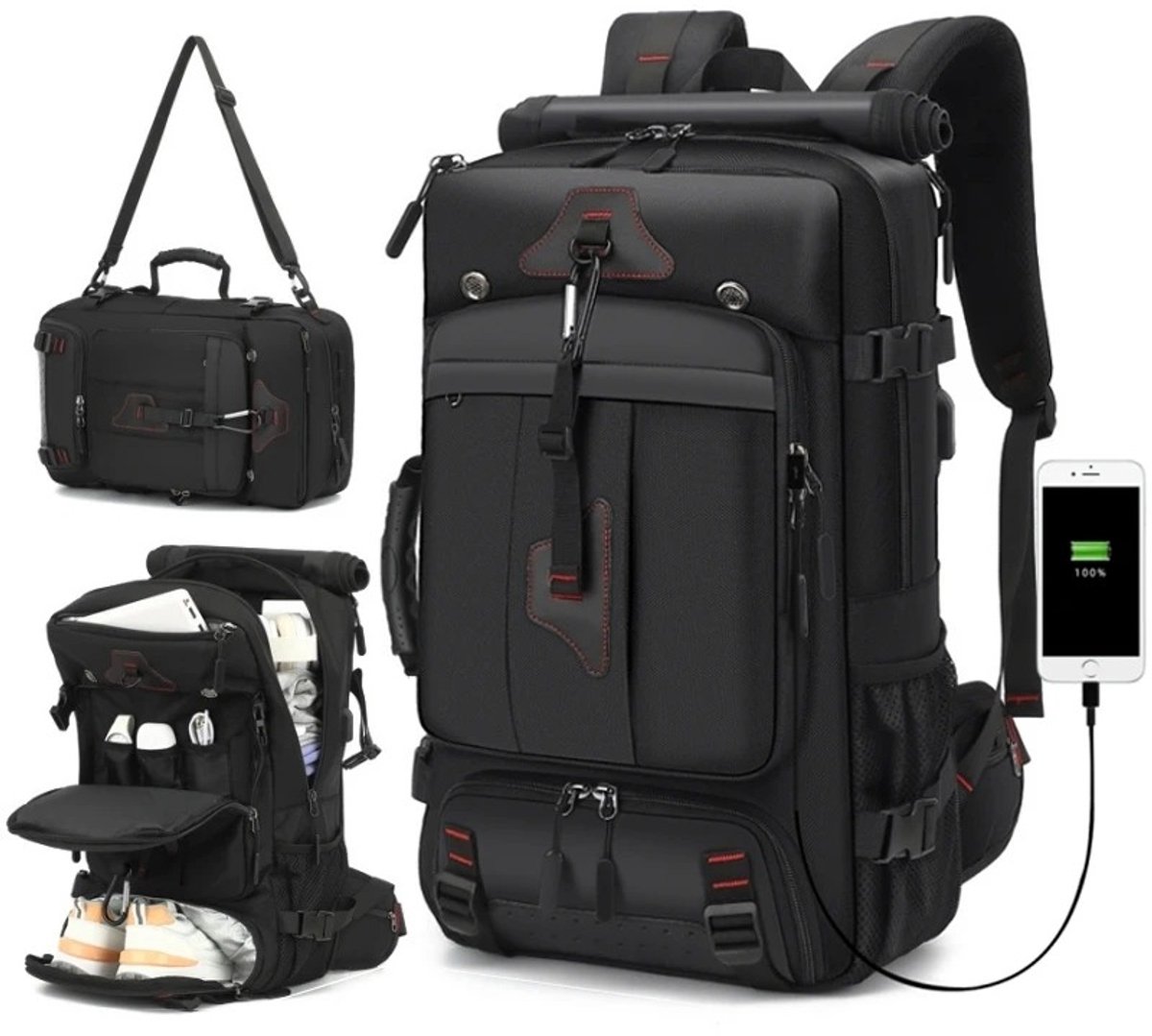 ITRONIQ XL Reisrugzak 63 cm - Grote Rugzak Heren & Dames - Laptoprugzak Met Schoenenvak - Handbagage - tot 75 Liter - Zwart