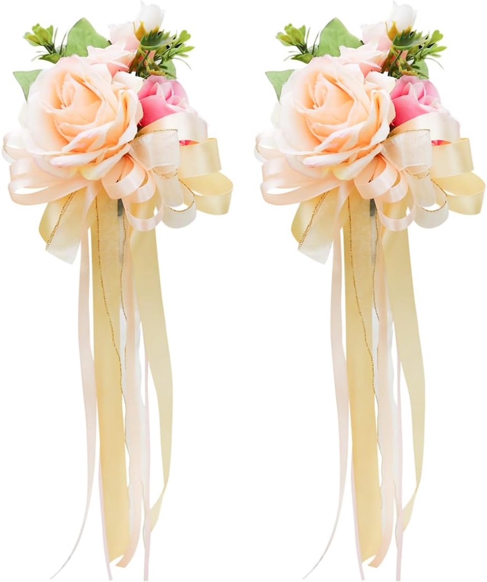 Auto trouwdecoratie bloemen set van 2 - Simulatie bloemen met strik - Duurzaam en waterdicht - Perfect voor bruiloften - ShopVlot