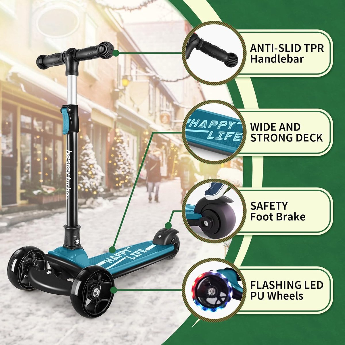besrey Scooter voor kinderen van 3 tot 10 jaar, step met 3 wielen voor kinderen en meisjes, met verlichte wielen - ShopVlot