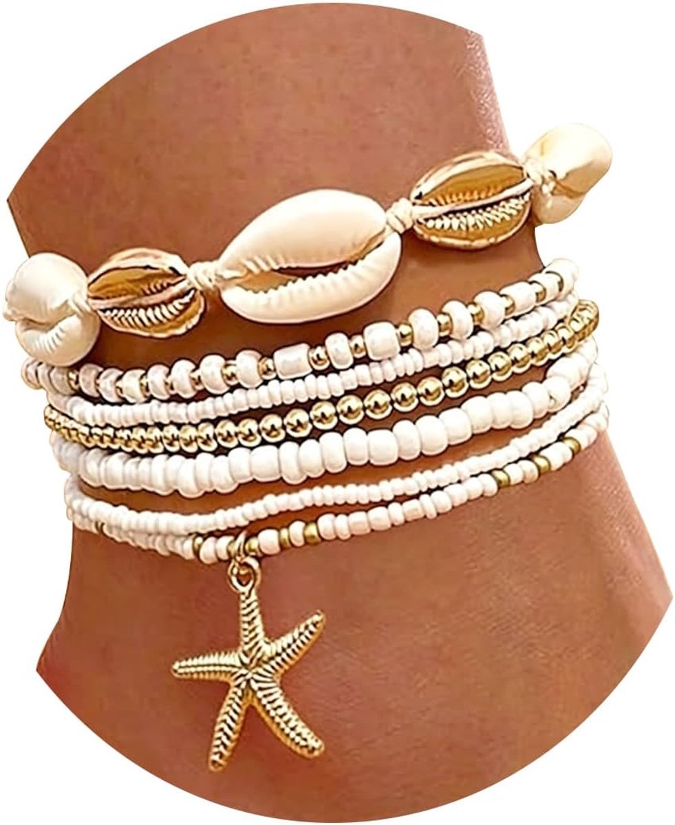 3-delige kralenarmband - elastisch koord - enkelband met kralen en schelpen - perfect voor de zomer - ShopVlot