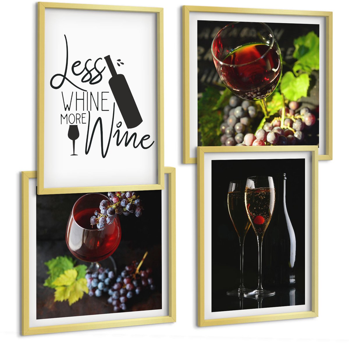 TULUP 4-Delige Schilderij Set - Wijnglazen met druiven en een opschrift over wijn. - 40 x 40 cm en 40 x 60 cm - Wanddecoratie - Woonkamer Decoratie - Stijlvolle Muurdecoratie Gouden lijst