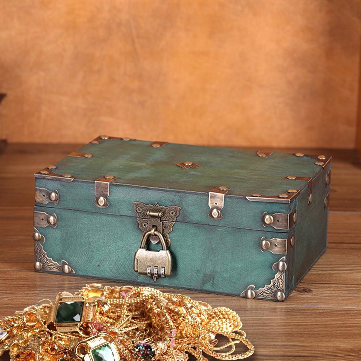Vintage Houten Schatkist - Groen - 24 x 17 x 10 cm - Met Cijferslot - Voor Verjaardagsfeesten
