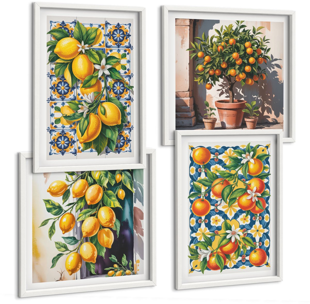 Tulup 4-Delige Schilderij Set - Posters met citrusvruchten en kleurrijke abstracte patronen - 40x40 en 40x60 - Decoratieve Schilderijen - Woonkamer - Interieur - Woonkamer Decoratie