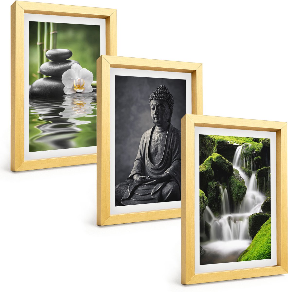TULUP 4-Delige Schilderij Set - Rustgevende zen-afbeeldingen met water, stenen en Boeddha - 20 x 30 cm - Decoratieve Schilderijen - Wanddecoratie - Hal - Muurdecoratie Gouden lijst