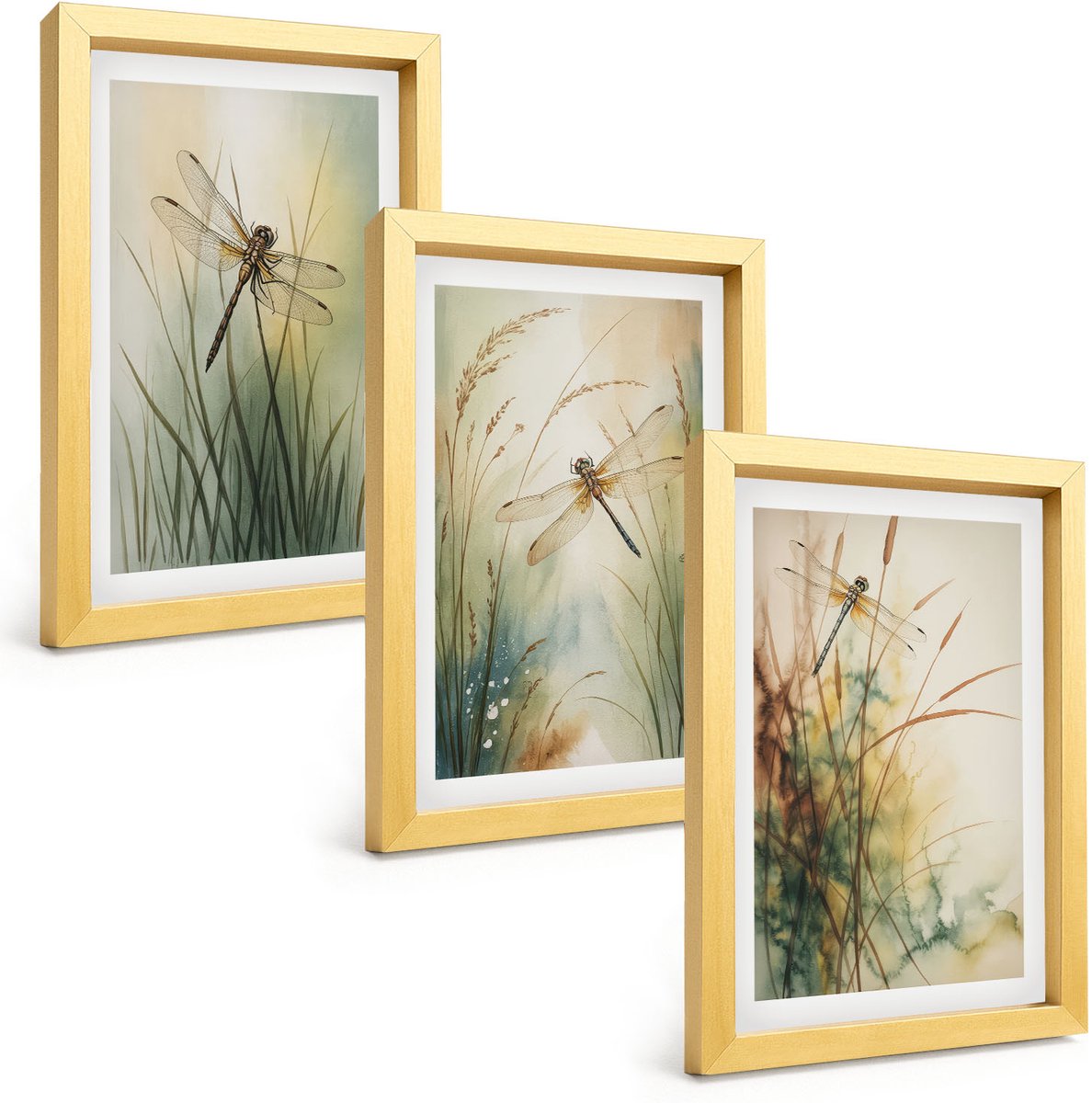 TULUP 4-Delige Schilderij Set - Geschilderd gras met libellen boven het water. - 20 x 30 cm - Decoratieve Schilderijen - Wanddecoratie - Hal - Interieur Decoratie Gouden lijst