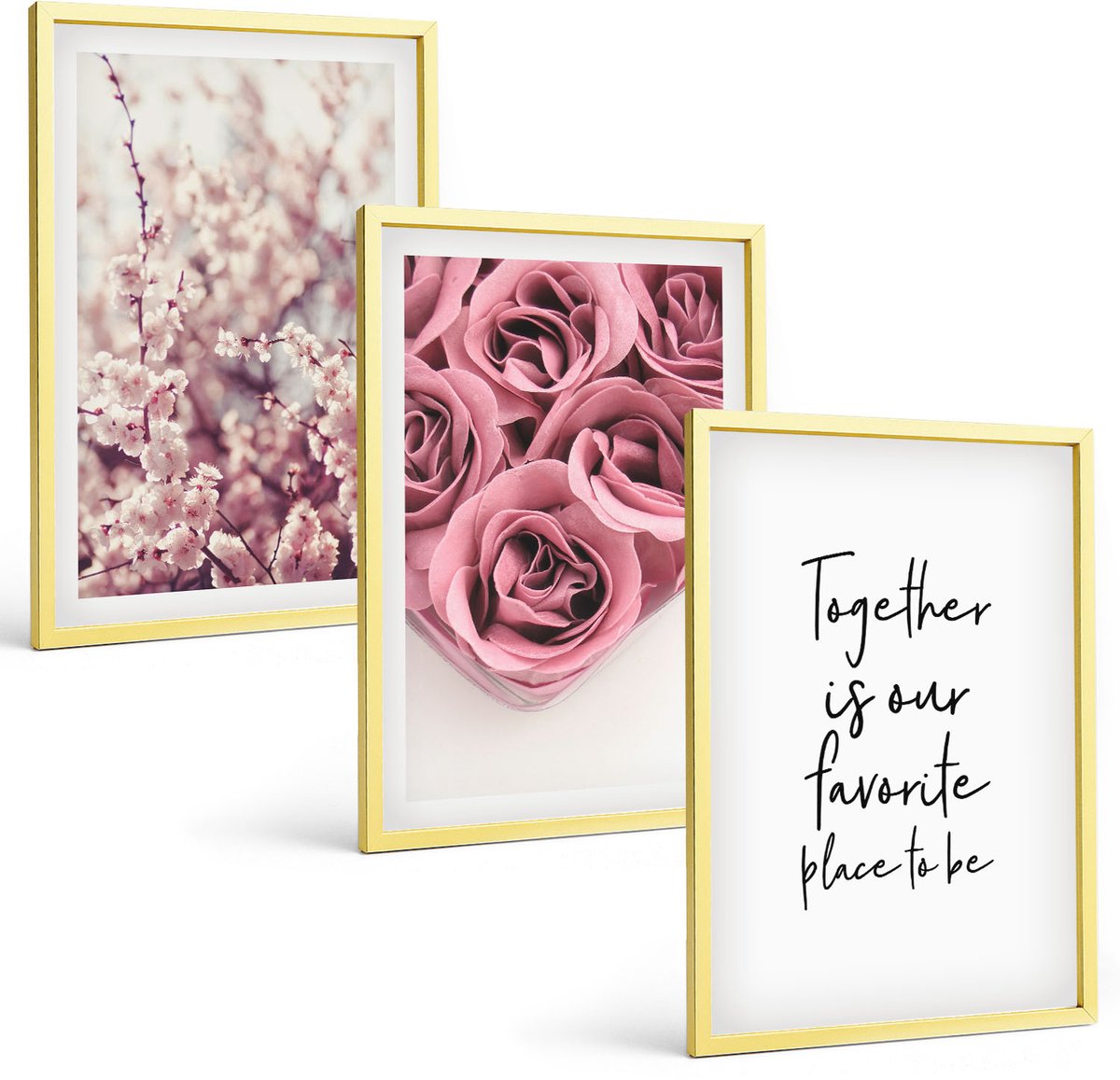 TULUP 4-Delige Schilderij Set - Bloemen en boeketten rozen met een zelfgeschreven tekst. - 40 x 60 cm - Wanddecoratie - Muurdecoratie - Moderne Interieurdecoratie Gouden lijst