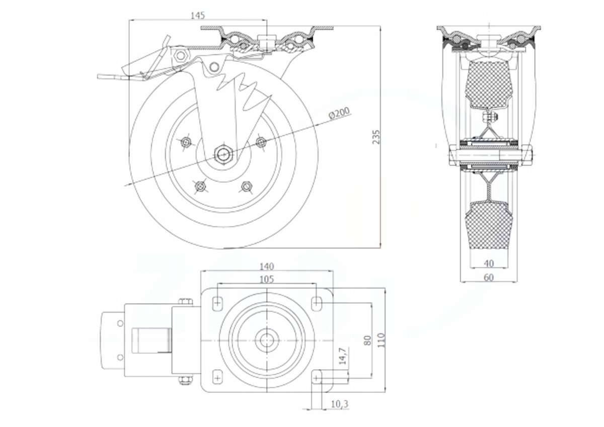Zwenkwiel met rem, 200 mm diameter, 250 kg draagvermogen