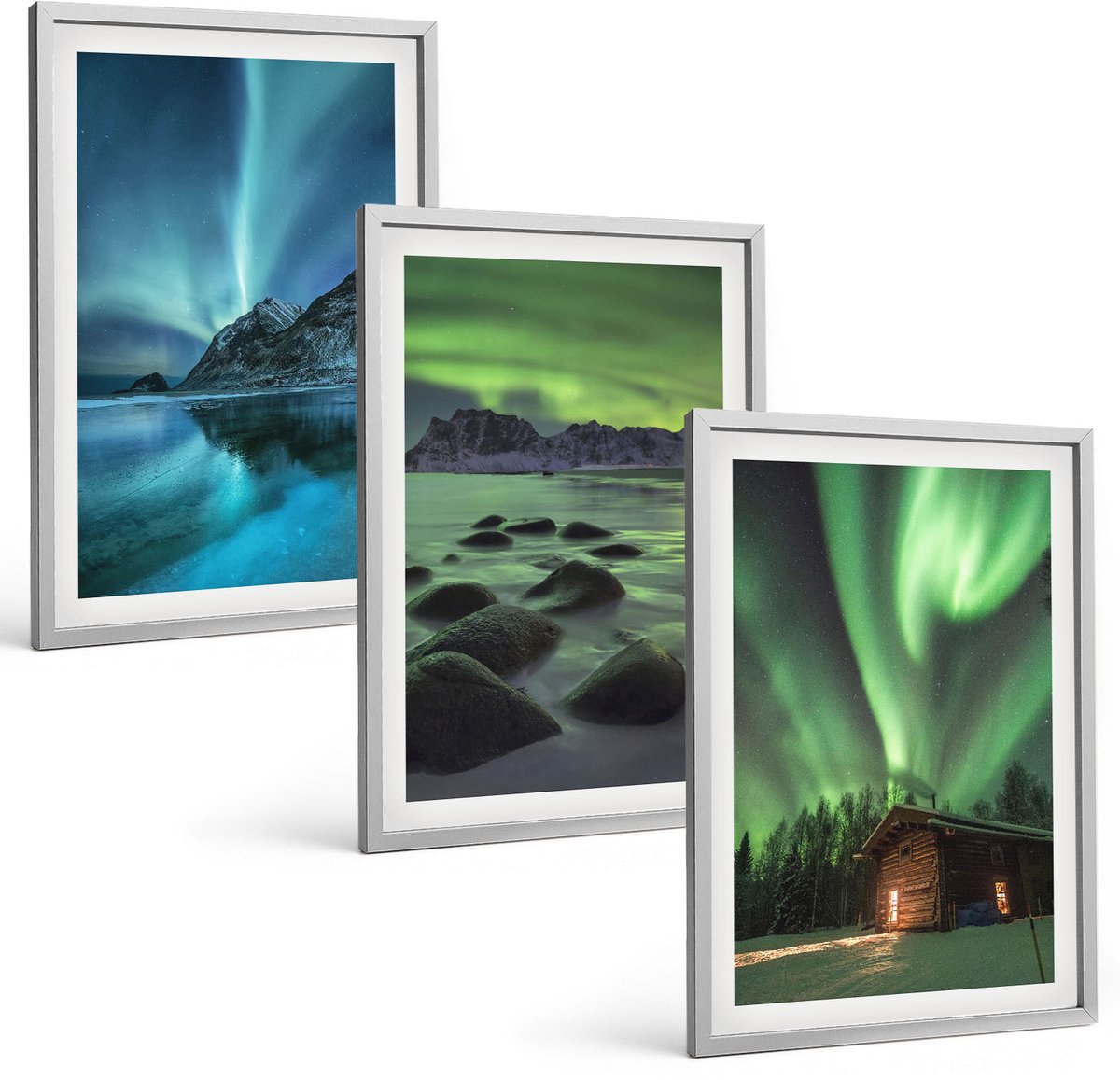 TULUP 4-Delige Schilderij Set - Winterlandschappen met het noorderlicht boven de bergen - 40 x 60 cm - Wanddecoratie - Schilderijen Set - Kantoor - Interieur Decoratie Zilveren lijst