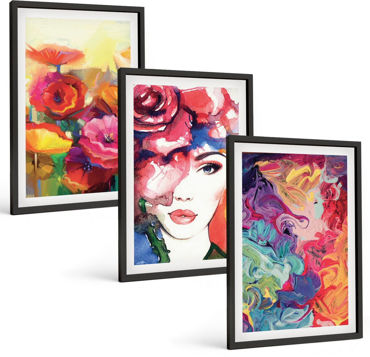 Tulup 4-Delige Schilderij Set - Bloemen in intense kleuren Portret van een vrouw Abstract - 40 x 60 cm - Muurdecoratie - Schilderijen Set - Woonkamer - Stijlvolle Muurdecoratie
