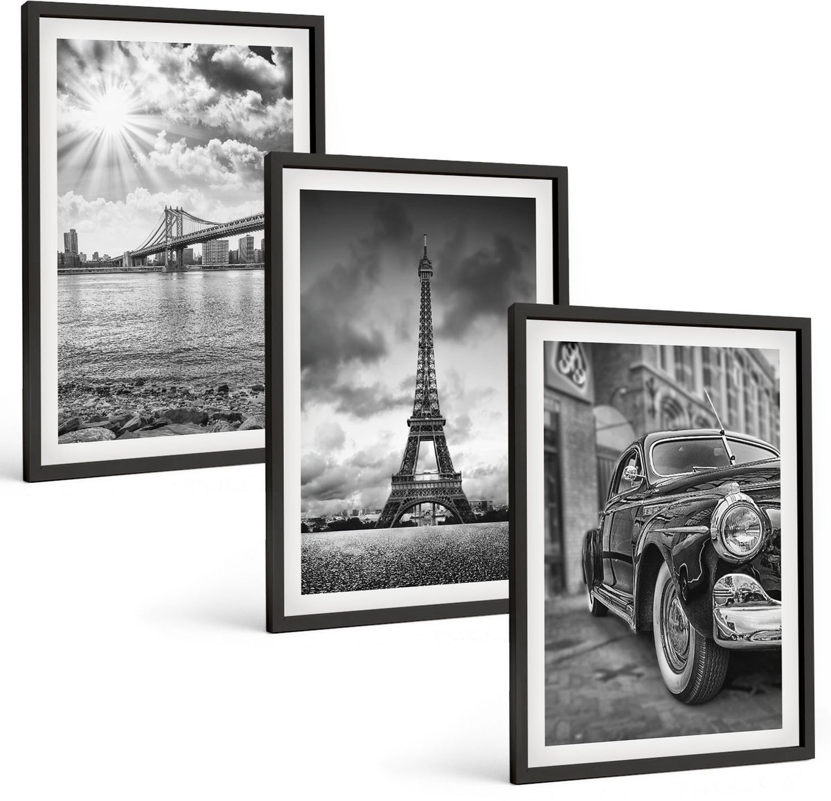 Tulup 4-Delige Schilderij Set - Stadsgezichten Bruggen Eiffeltoren Klassieke auto - 40 x 60 cm - Wanddecoratie - Schilderijen Set - Interieur - Moderne Wanddecoratie
