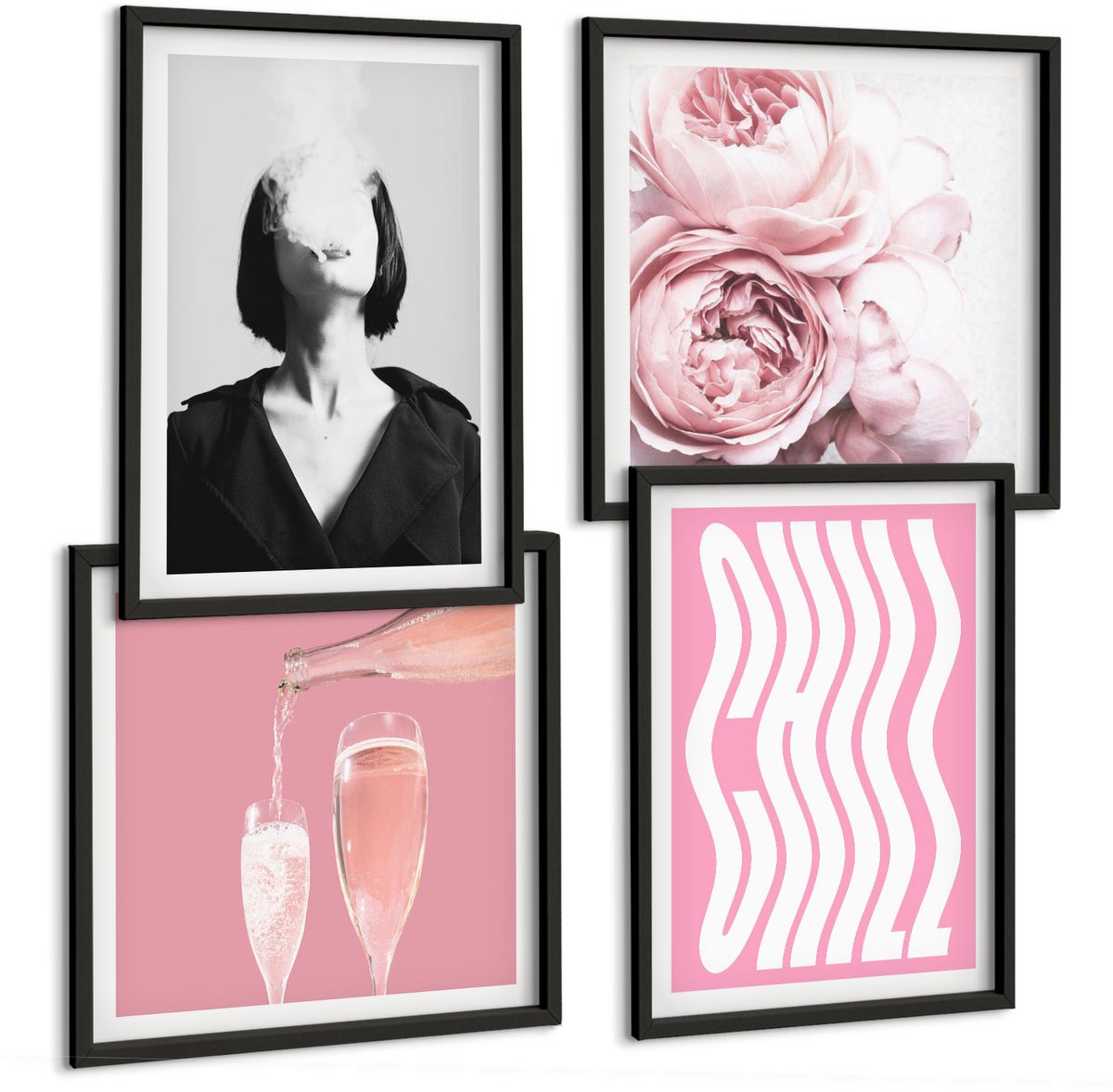 Tulup 4-Delige Schilderij Set - Stijlvol portret van een vrouw met champagne en rozen, ontspanning. - 40 x 40 cm en 40 x 60 cm - Wanddecoratie - Woonkamer Decoratie - Decoratieve Schilderijen