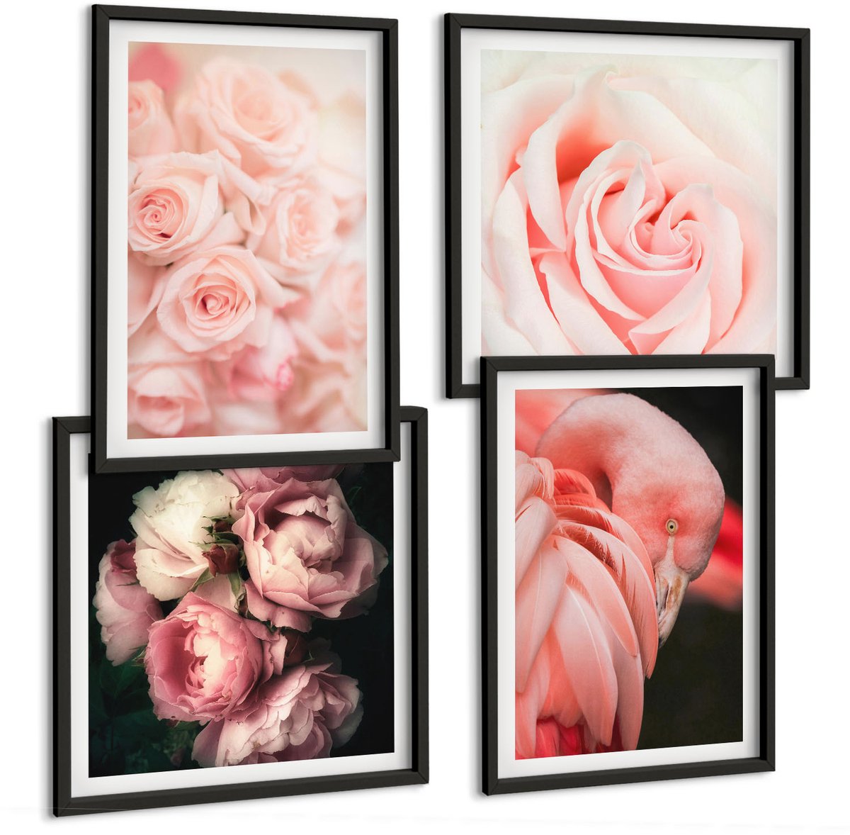 Tulup 4-Delige Schilderij Set - Pastelrozen en flamingo's in delicate tinten - 40 x 40 cm en 40 x 60 cm - Muurdecoratie - Wanddecoratie - Hal - Stijlvolle Muurdecoratie