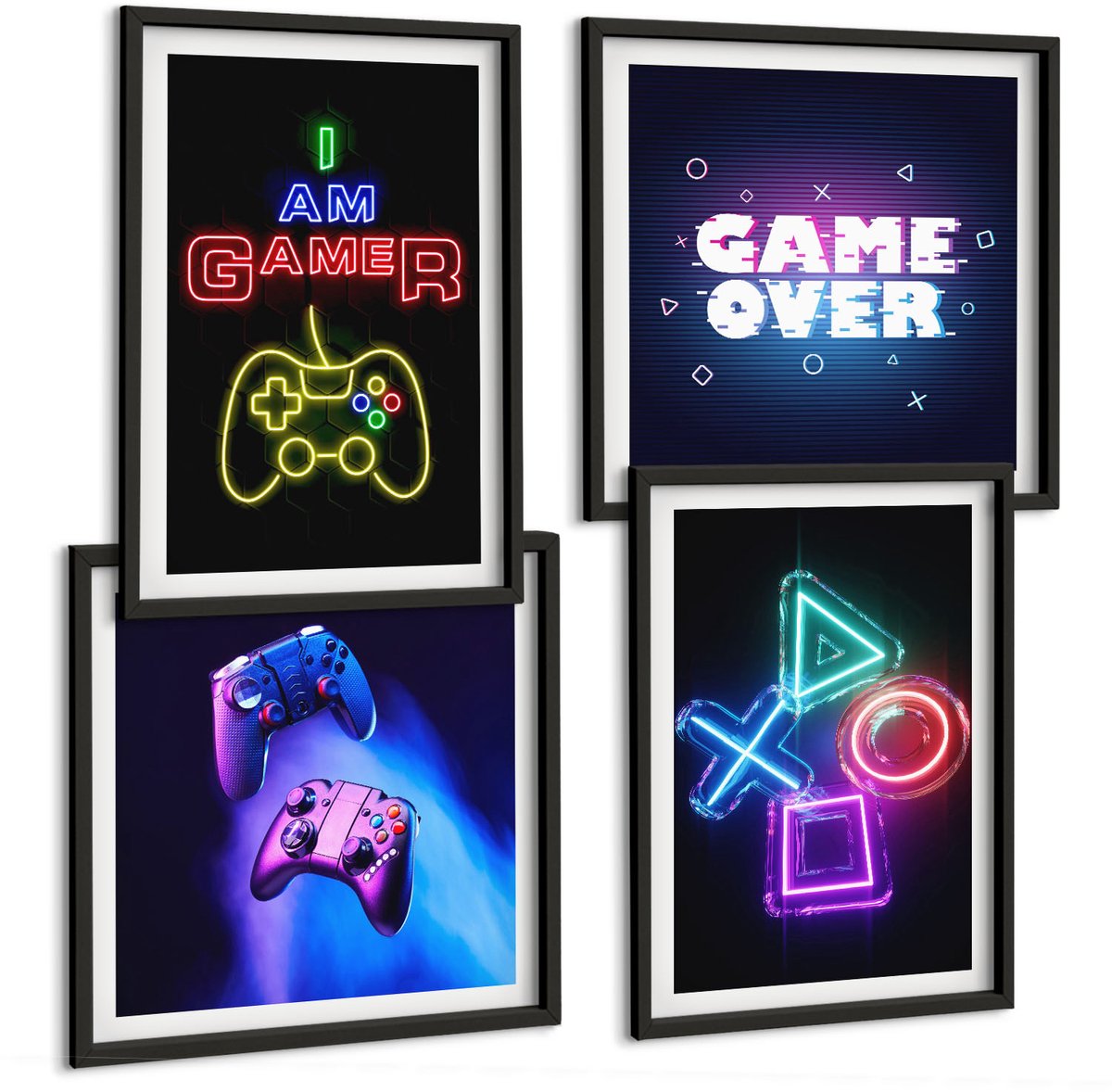Tulup 4-Delige Schilderij Set - Gamepads Spelersinscripties Pictogrammen - 40 x 40 cm en 40 x 60 cm - Muurdecoratie - Schilderijen Set - Woonkamer - Stijlvolle Muurdecoratie