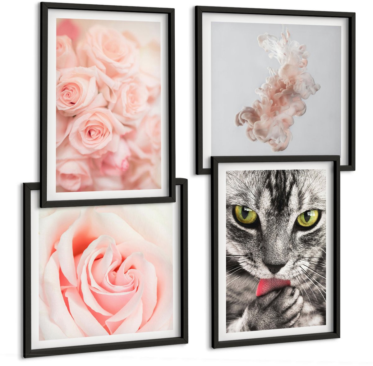 Tulup 4-Delige Schilderij Set - Grijze kat, delicate rozen, subtiele abstractie - 40 x 40 cm en 40 x 60 cm - Moderne Wanddecoratie - Slaapkamer - Decoratieve Schilderijen