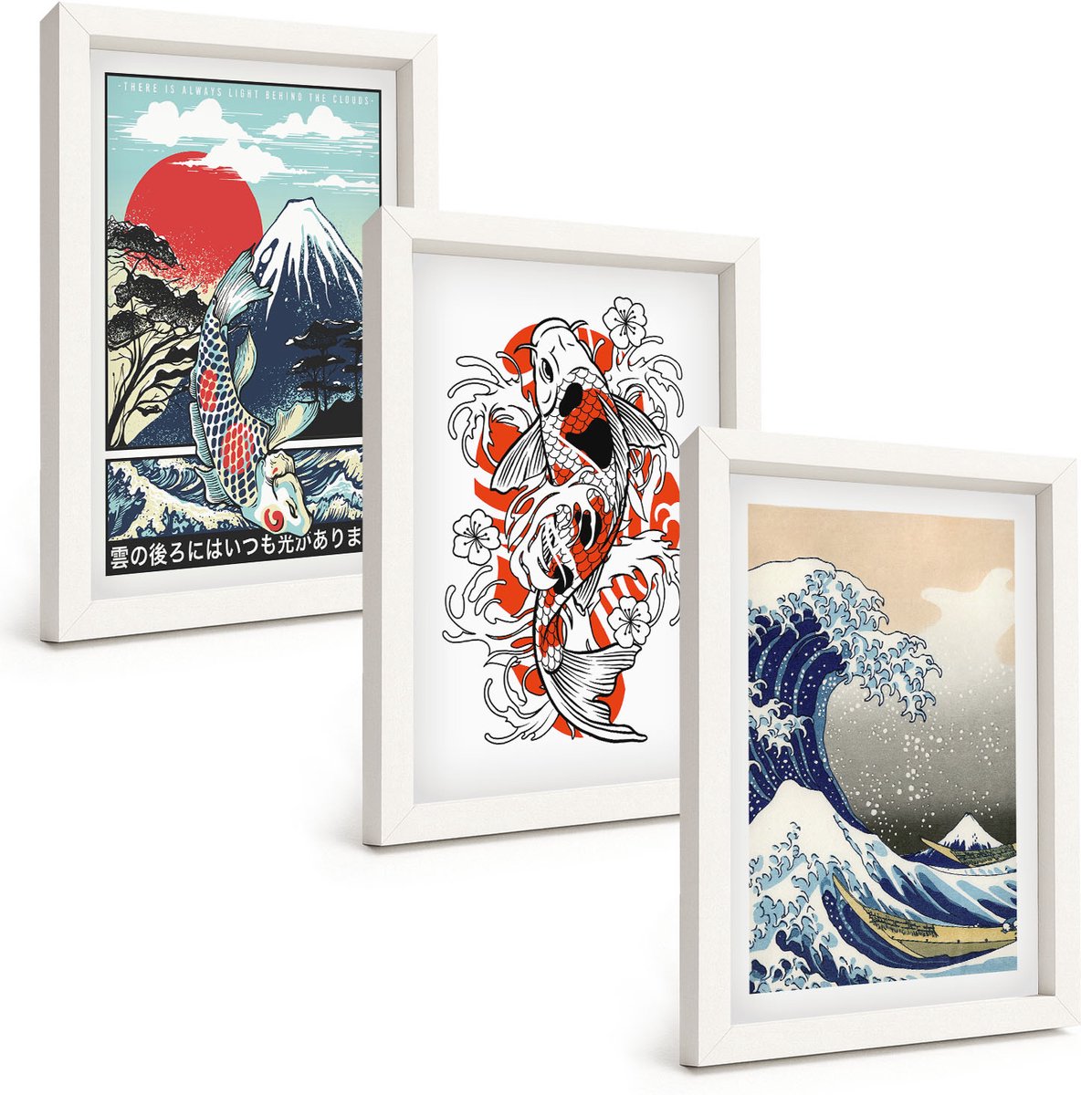 Tulup 3-Delige Schilderij Set - Illustraties van de Visbergen en de Grote Golf voor de kust van Kanagawa in Japanse stijl. - 20x30 - Decoratieve Muurdecoratie - Slaapkamer - Stijlvolle Muurdecoratie