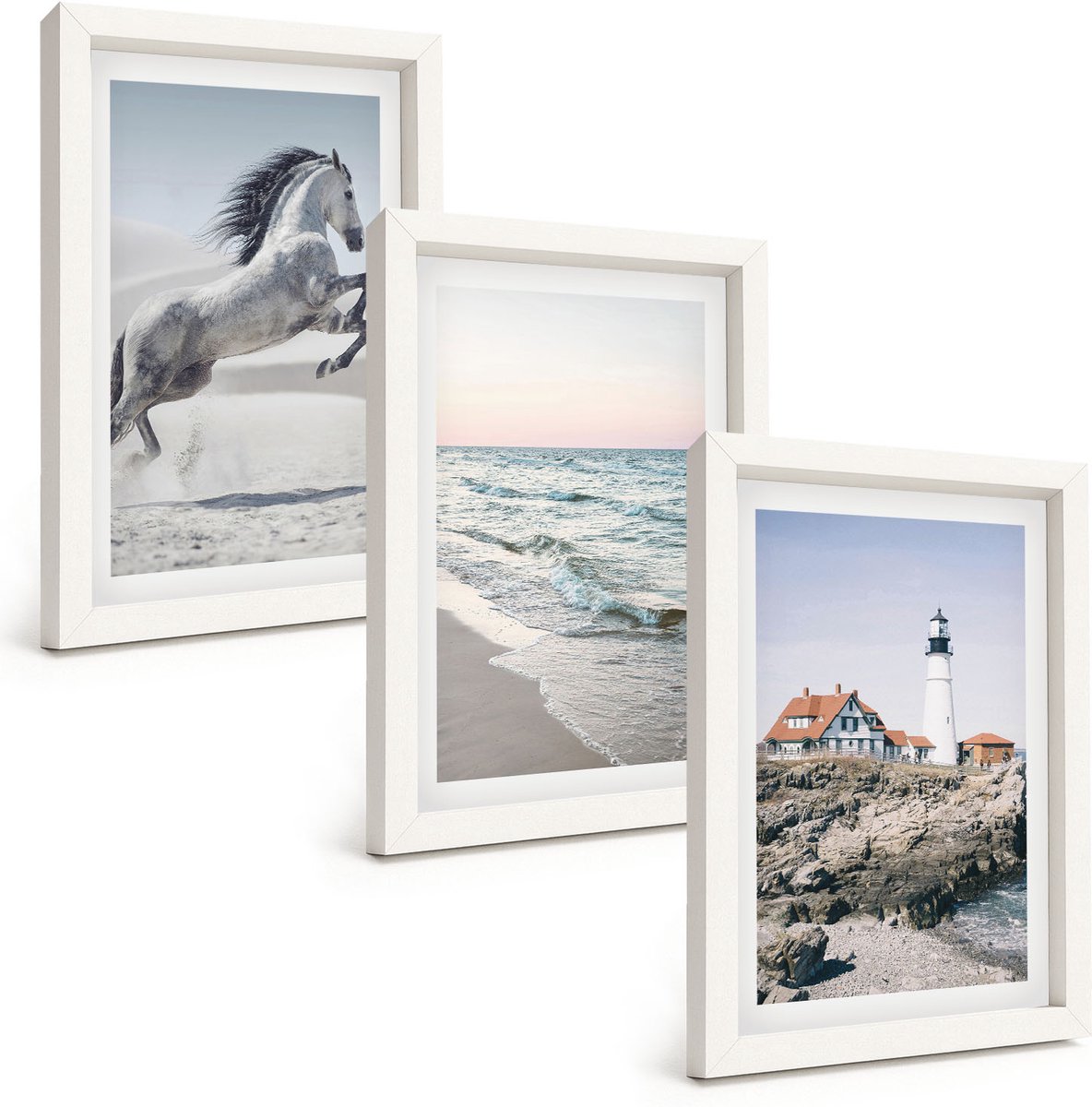 Tulup 3-Delige Schilderij Set - Paarden in beweging, strand en vuurtoren, watergolven - 20x30 - Stijlvolle Muurdecoratie - Slaapkamer - Moderne Wanddecoratie