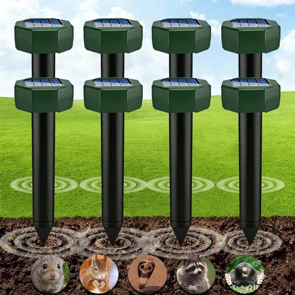 Mollenverjager trilling - Zonne-energie - 8 stuks - Waterdichte ABS Kunststof Ultrasone Verjager - Voor Tuin en Open Buitenruimte