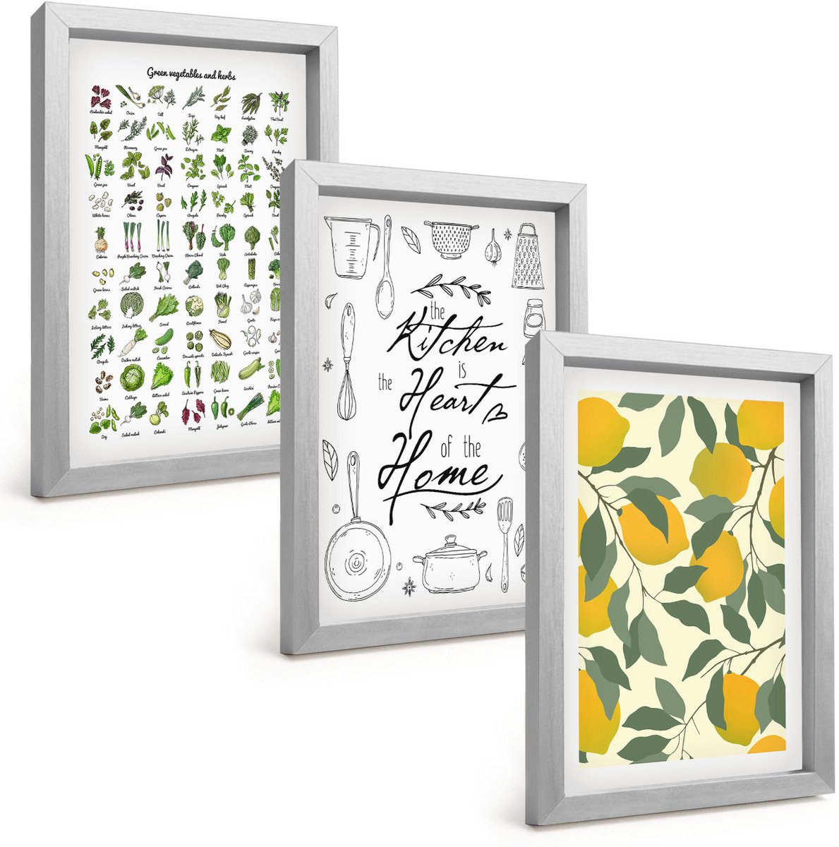 Tulup 4-Delige Schilderij Set - Lijst met keukenkruiden, belettering en beschilderde citroenen - 20 x 30 cm - Wanddecoratie - Moderne Interieurdecoratie