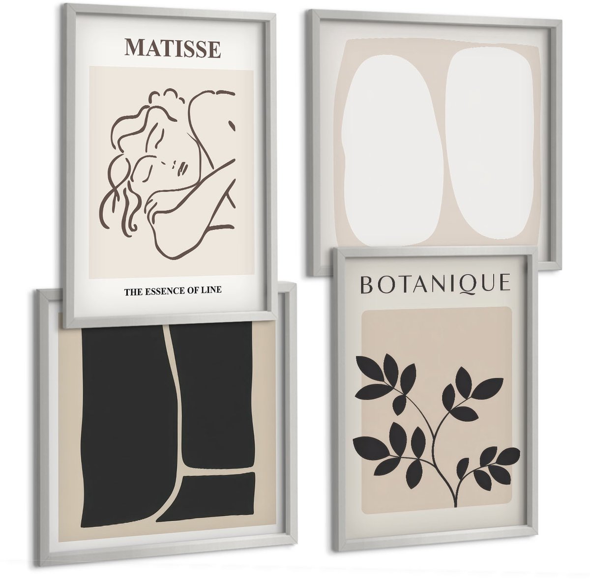 TULUP 4-Delige Schilderij Set - Stijlvolle minimalistische schilderijen met plantmotieven van Matisse - 40 x 40 cm en 40 x 60 cm - Stijlvolle Wanddecoratie - Interieur - Muurdecoratie Zilveren lijst