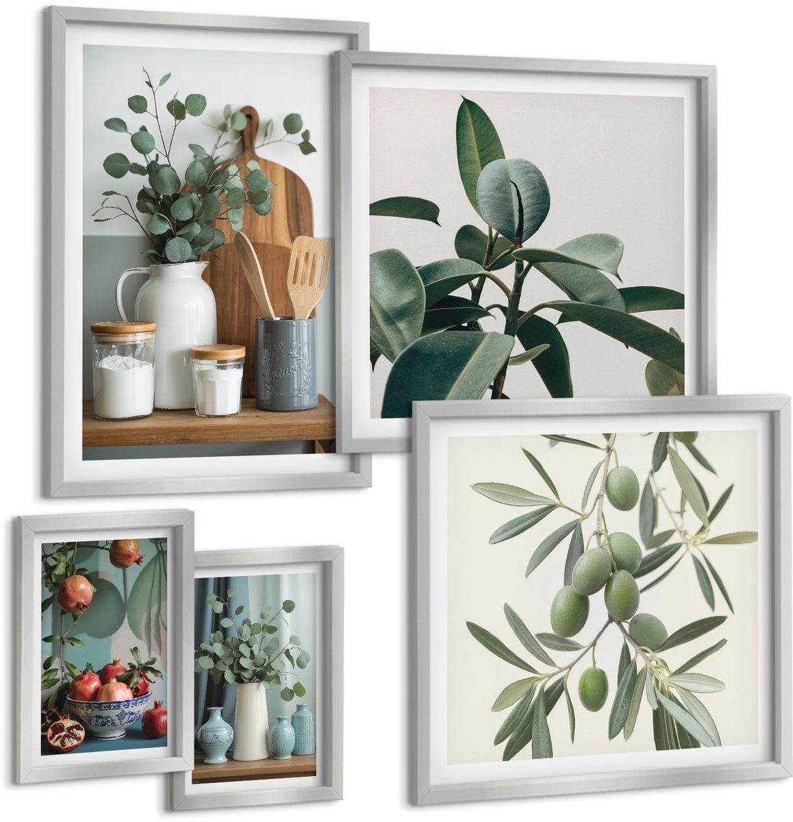 TULUP 4-Delige Schilderij Set - Natuurlijke accenten in Scandinavische stijl met planten - 50 x 50 cm, 20 x 30 cm en 40 x 60 cm - Stijlvolle Wanddecoratie - Interieur - Stijlvolle Muurdecoratie Zilveren lijst