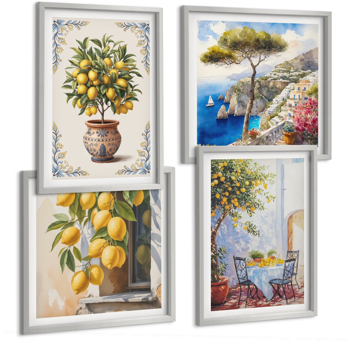TULUP 4-Delige Schilderij Set - Citroenbomen en -fruit in een zonnig landschap - 40 x 40 cm en 40 x 60 cm - Stijlvolle Wanddecoratie - Interieur - Interieur Decoratie Zilveren lijst