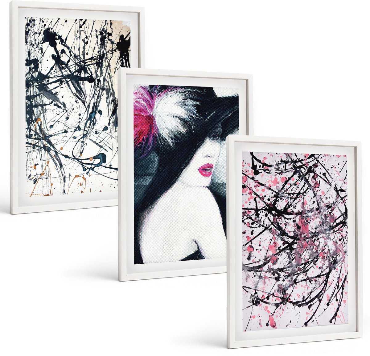 Tulup 3-Delige Schilderij Set - Abstracte verfpatronen Vrouw met hoed - 40x60 - Stijlvolle Muurdecoratie - Kantoor