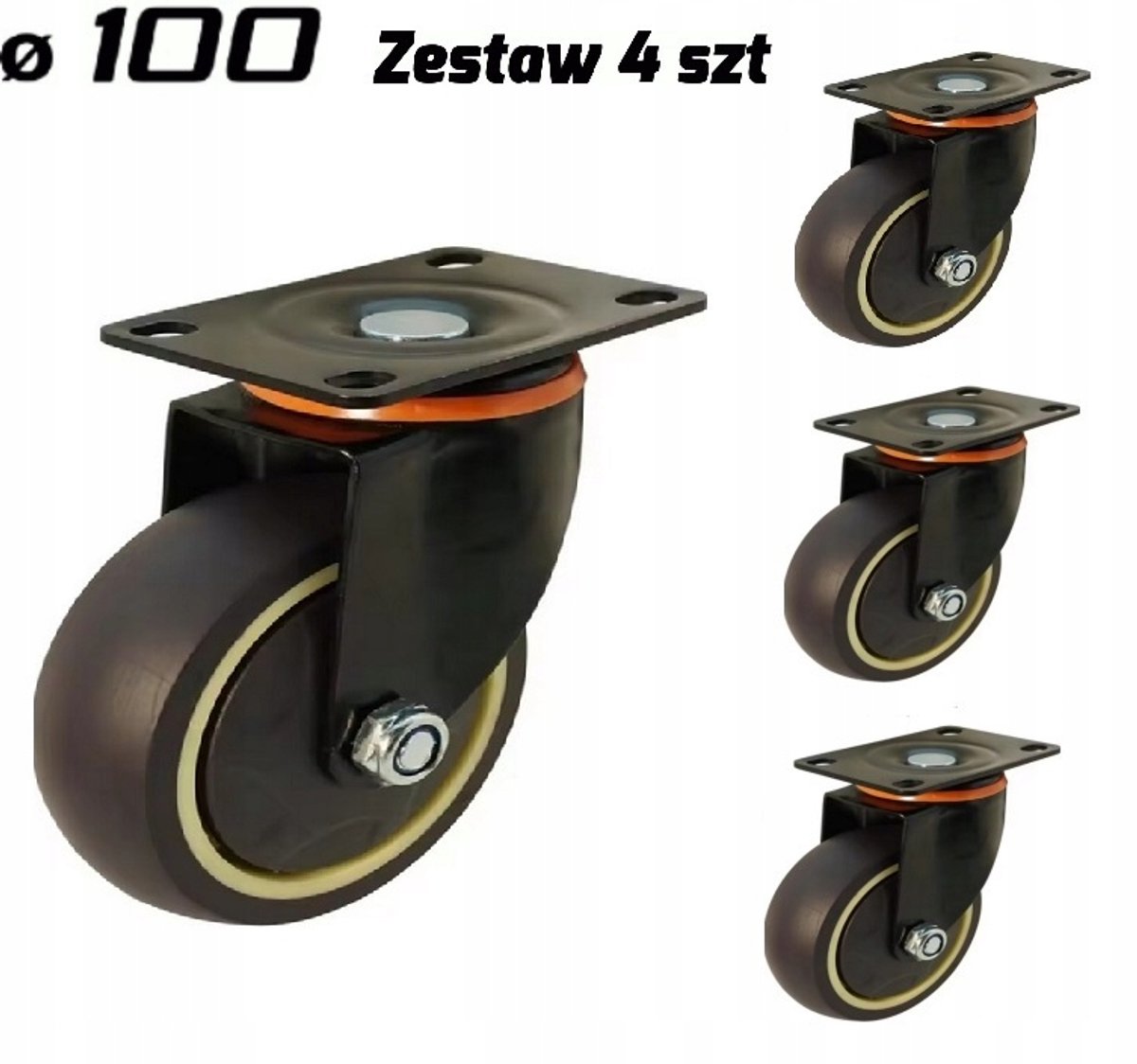 4x Zwenkwielen 100mm TPR met rem, zware kwaliteit